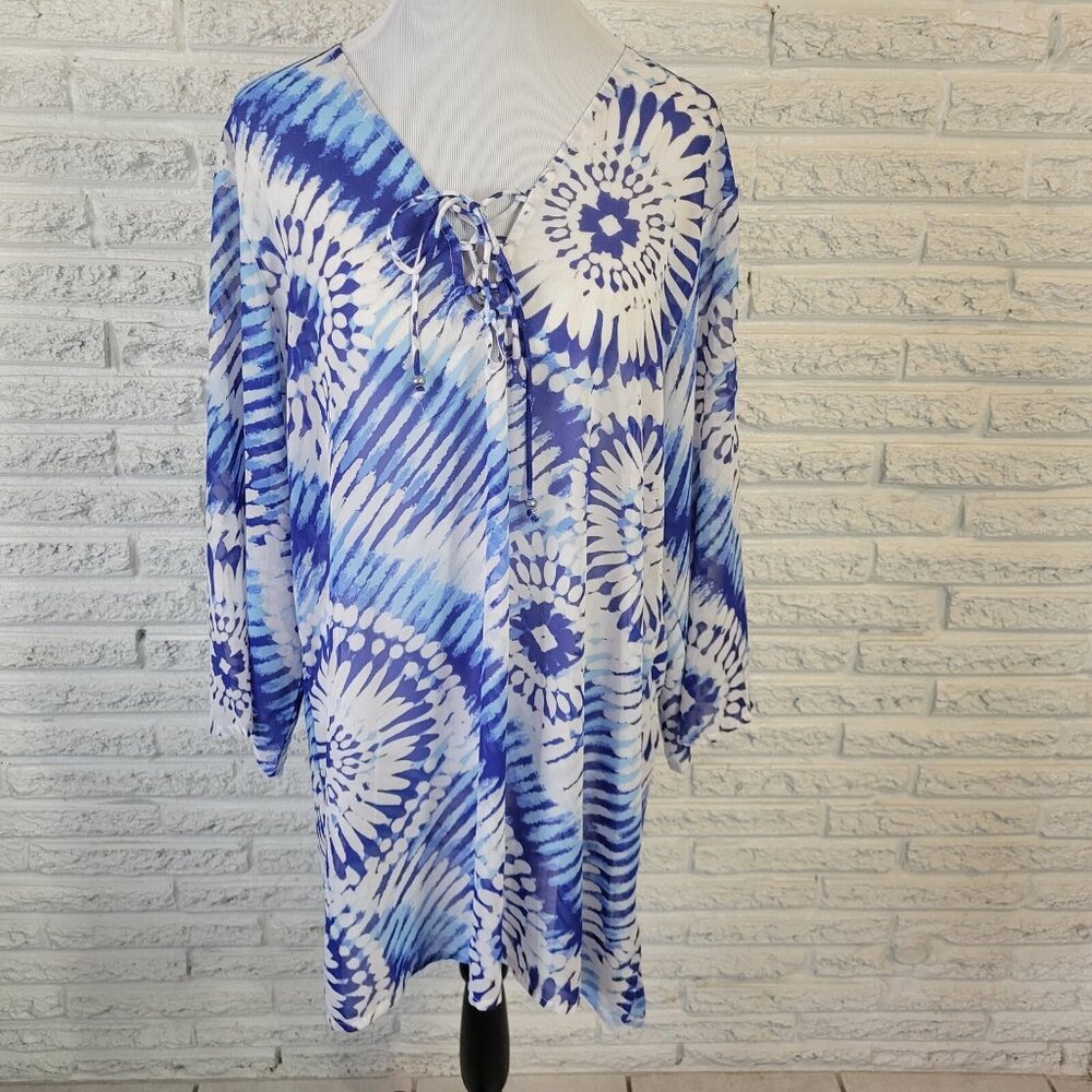 Ana Womens Top 2X Plus‎ Tunic 3/4 Sleeve Blue Tie Dye Lace Up Lightweight TIE15E